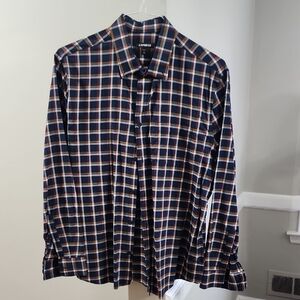 NWOT Express Men’s Navy, Cream & Brown Plaid Button-Down Shirt